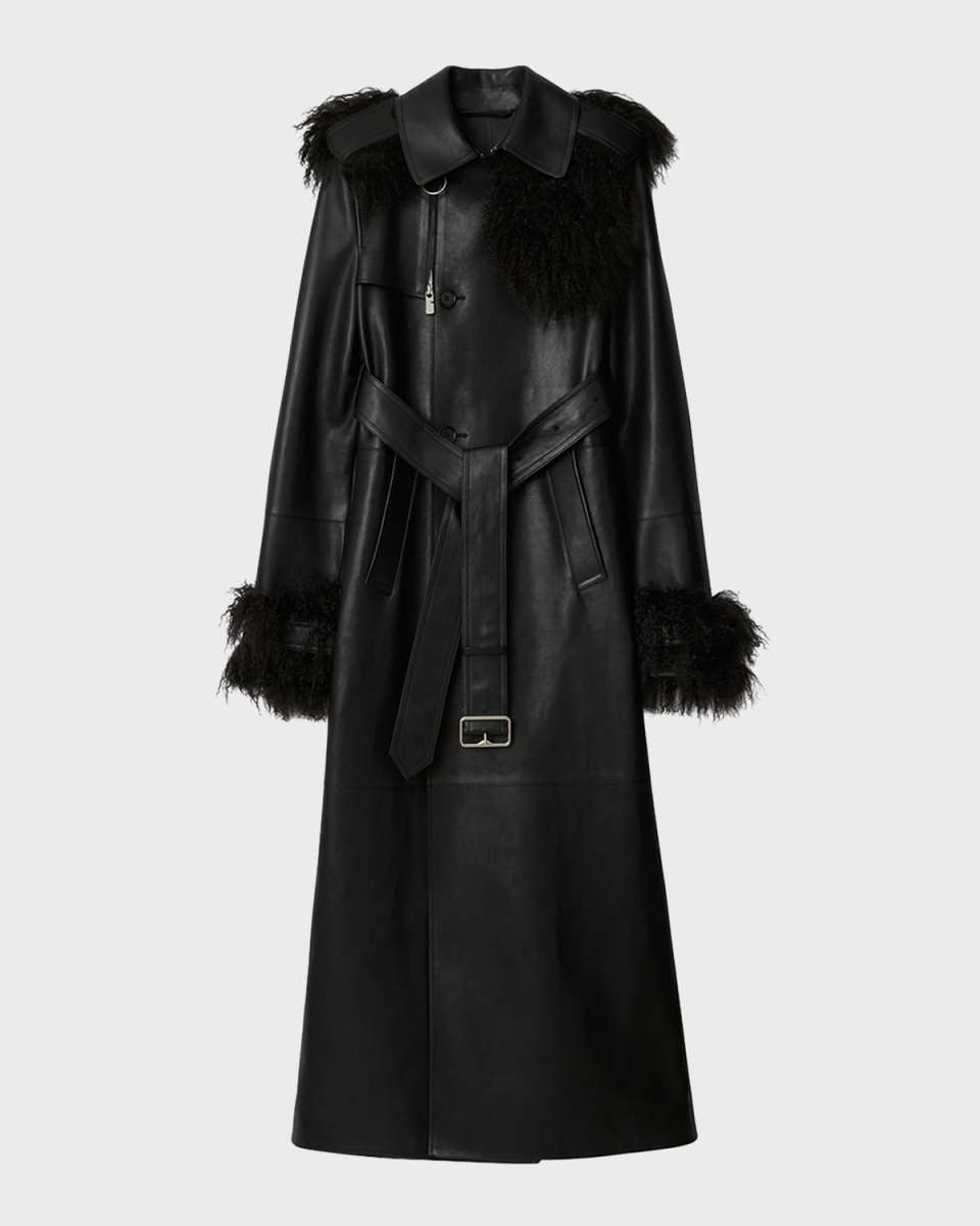 Mongolian Lamb Shearling and Leather Long Trench Coat